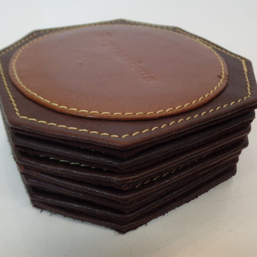 Impressions Octogen Shaped Brown Leather Coasters W Velvet Bag Set of 6 Apx 5"